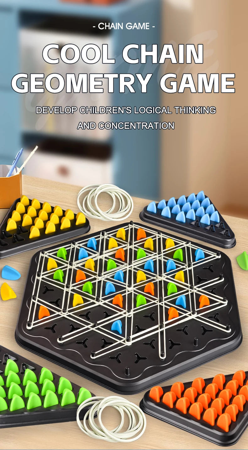 A set of triangle chain geometry game pieces and boards for developing children's logical thinking and concentration.