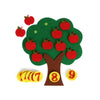 A felt tree with red apples and a brown trunk, alongside the numbers 7 and 8, and a yellow 9.