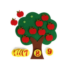 A felt tree with red apples and a brown trunk, alongside the numbers 7 and 8, and a yellow 9.