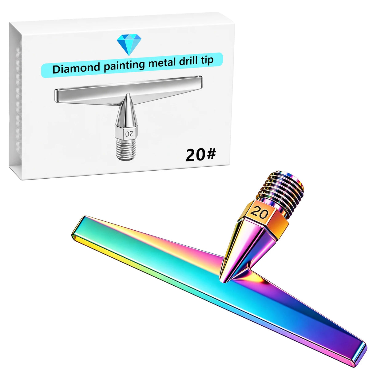 A silver diamond painting metal drill tip is shown next to a colorful, iridescent resin painting pen with a 20# tip.
