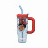 A clear tumbler with a red lid and blue straw featuring an illustration of a crying cartoon character.
