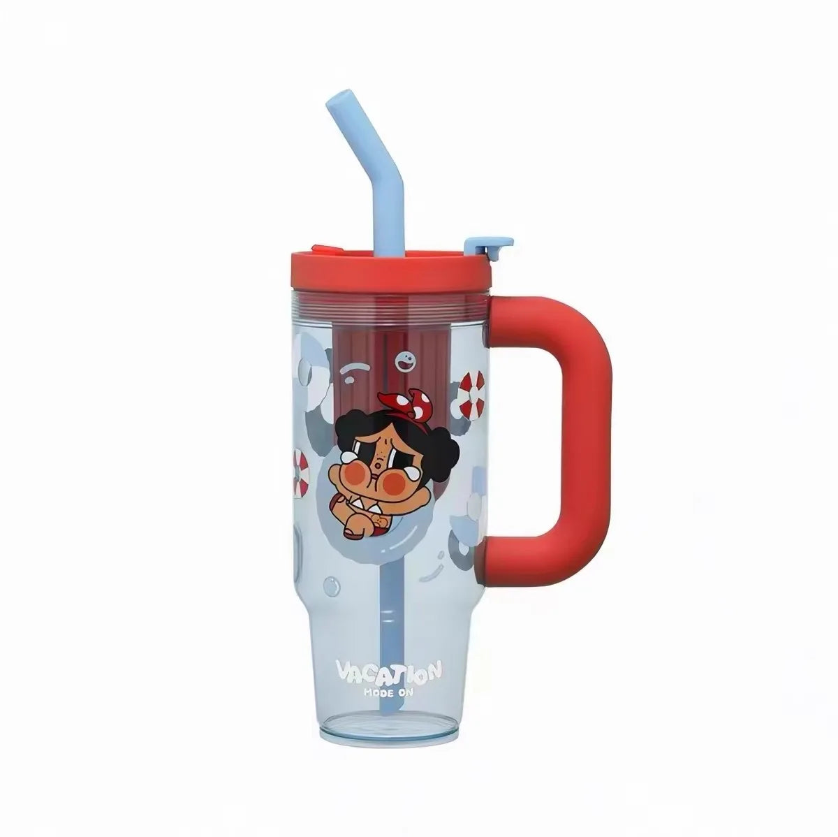 A clear tumbler with a red lid and blue straw featuring an illustration of a crying cartoon character.