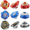 A set of metal spinning tops in various colors including red, blue, and black, with a string launcher.