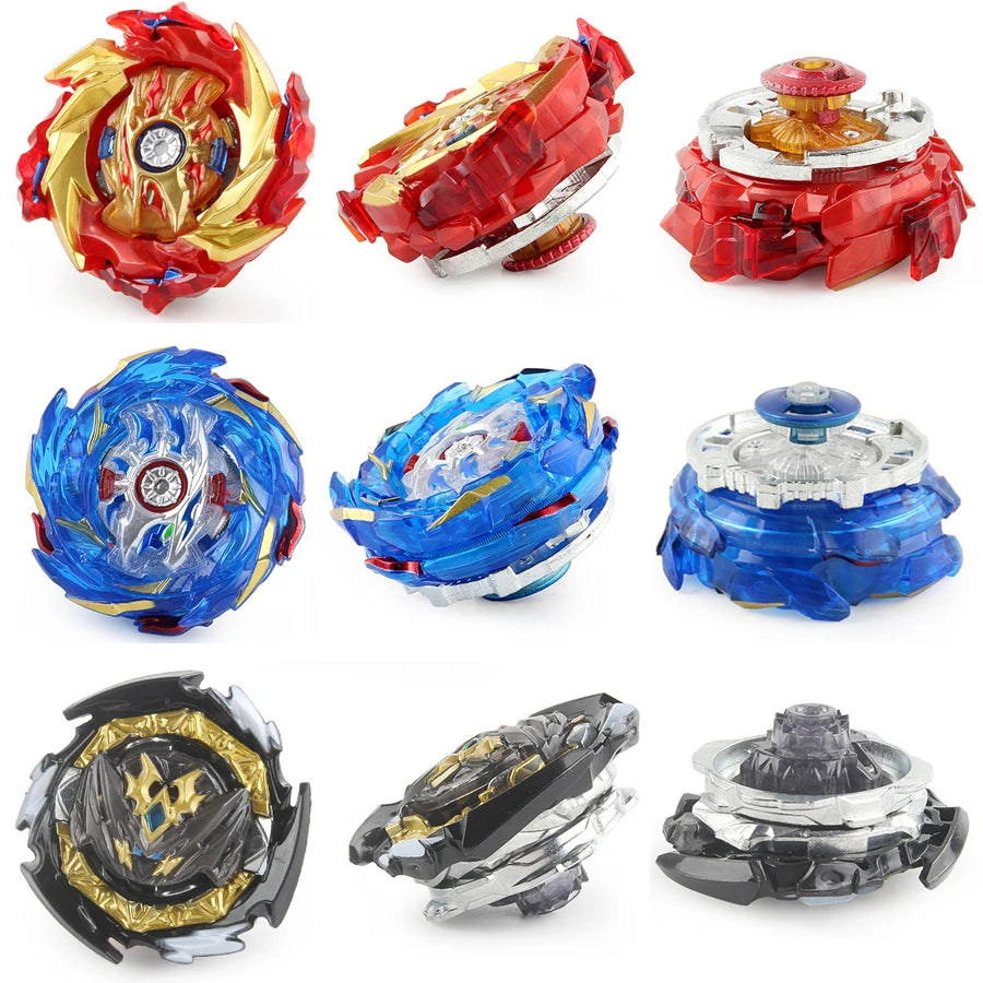 A set of metal spinning tops in various colors including red, blue, and black, with a string launcher.