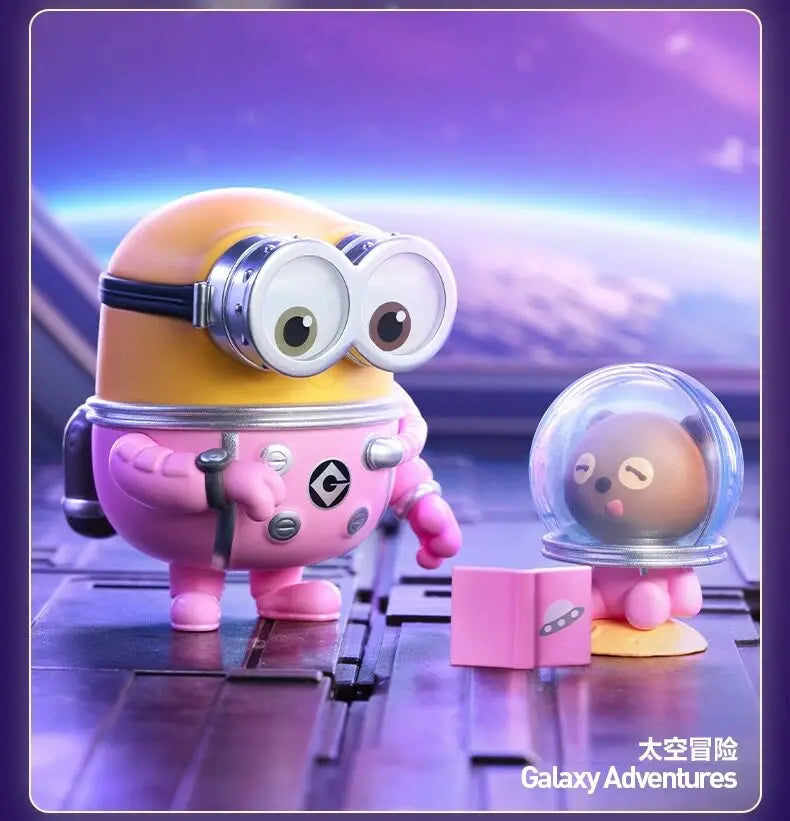 A yellow Minion figure wearing large goggles is displayed next to a clear dome-shaped figure on a purple surface.