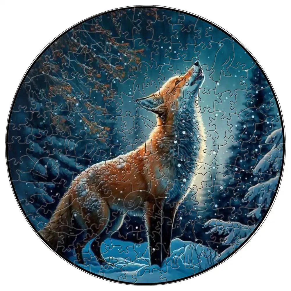 A jigsaw puzzle depicting a fox in a snowy forest setting.