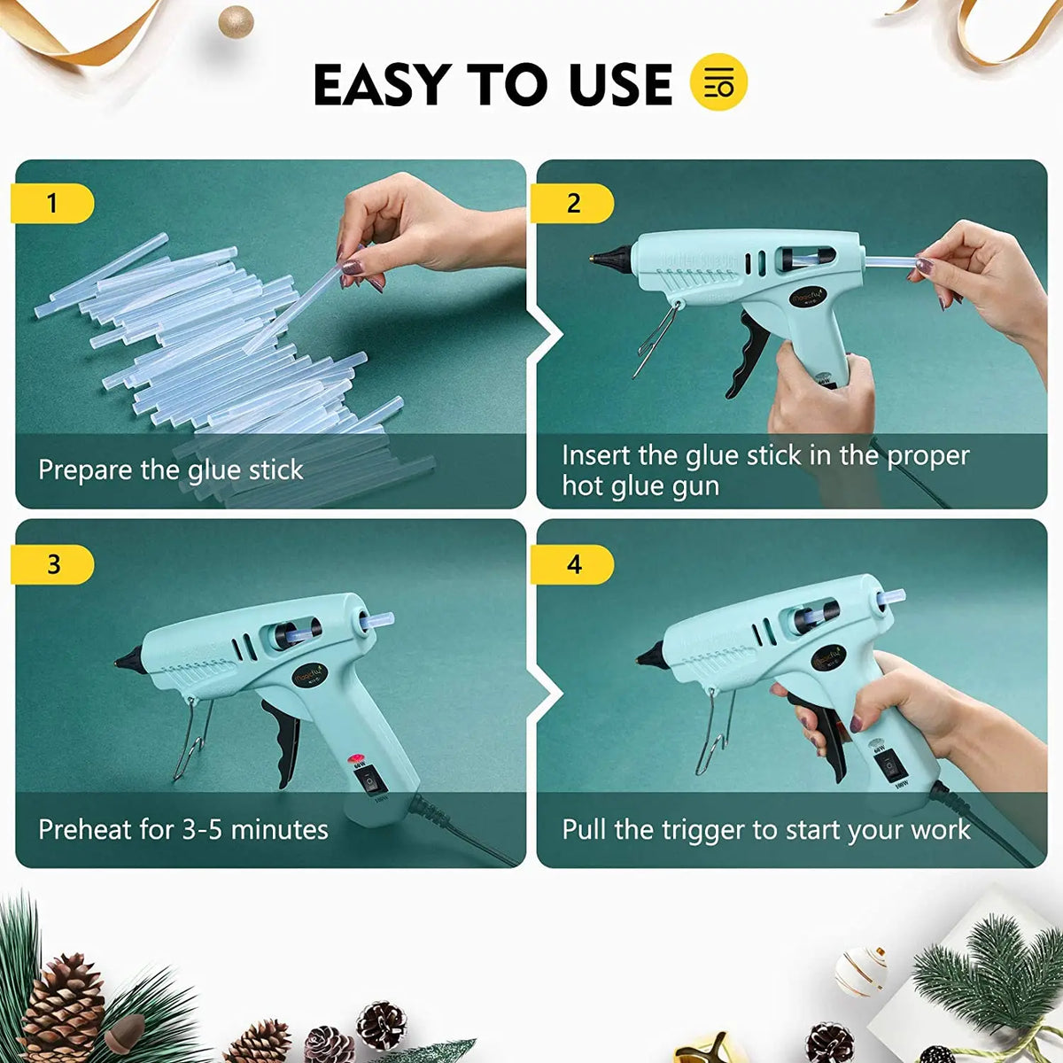 A four-step guide showing how to prepare, preheat, and use a full-size clear hot glue gun for crafts and repairs.