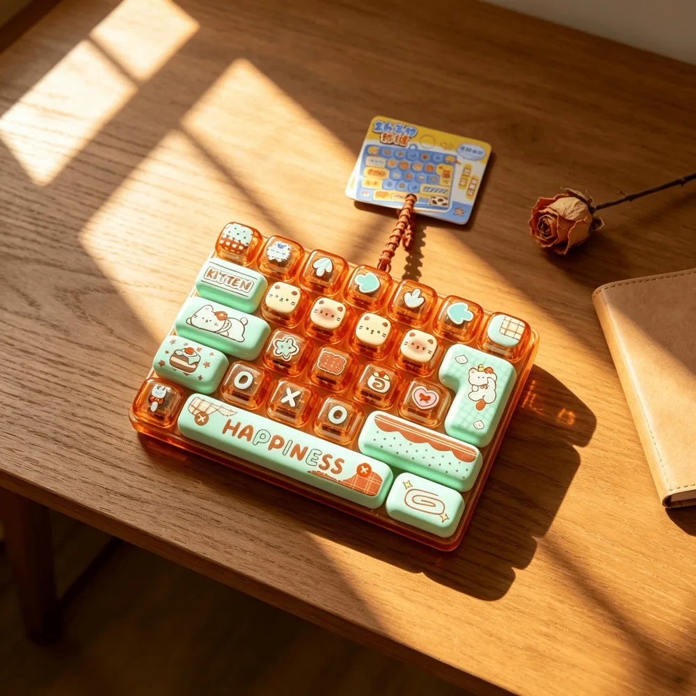 An orange keyboard keycap clicker keychain with various colored keycaps and a small rose is displayed on a wooden surface.