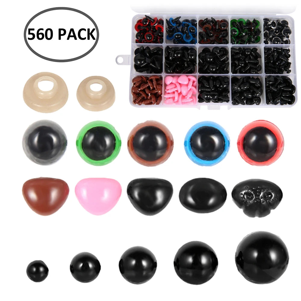 A set of 560 plastic safety eyes and noses in various colors and shapes for dolls and stuffed animals.
