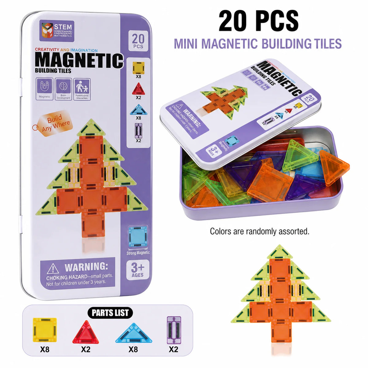 A box of 20 mini magnetic building tiles with a parts list and an example of a Christmas tree structure.