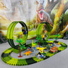 A green dinosaur climbing car track set featuring various yellow and colorful cars in a naturalistic diorama.