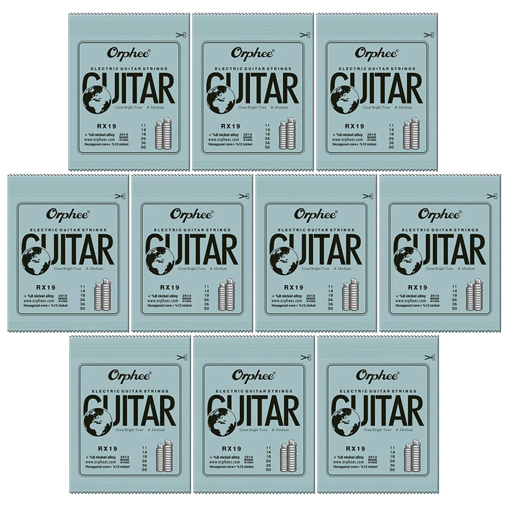 A collection of Orphee electric guitar strings in various gauges and bright tones for six-string guitars.