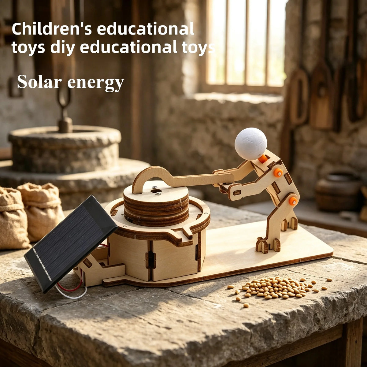 A wooden DIY solar-powered lunar rover educational toy model kit resting on a rustic table.