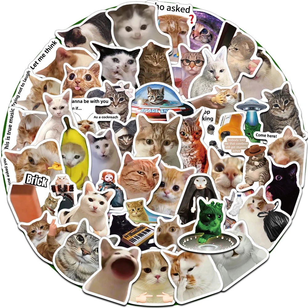 A circular collage of various funny cat faces and animals used as stickers for cups and devices