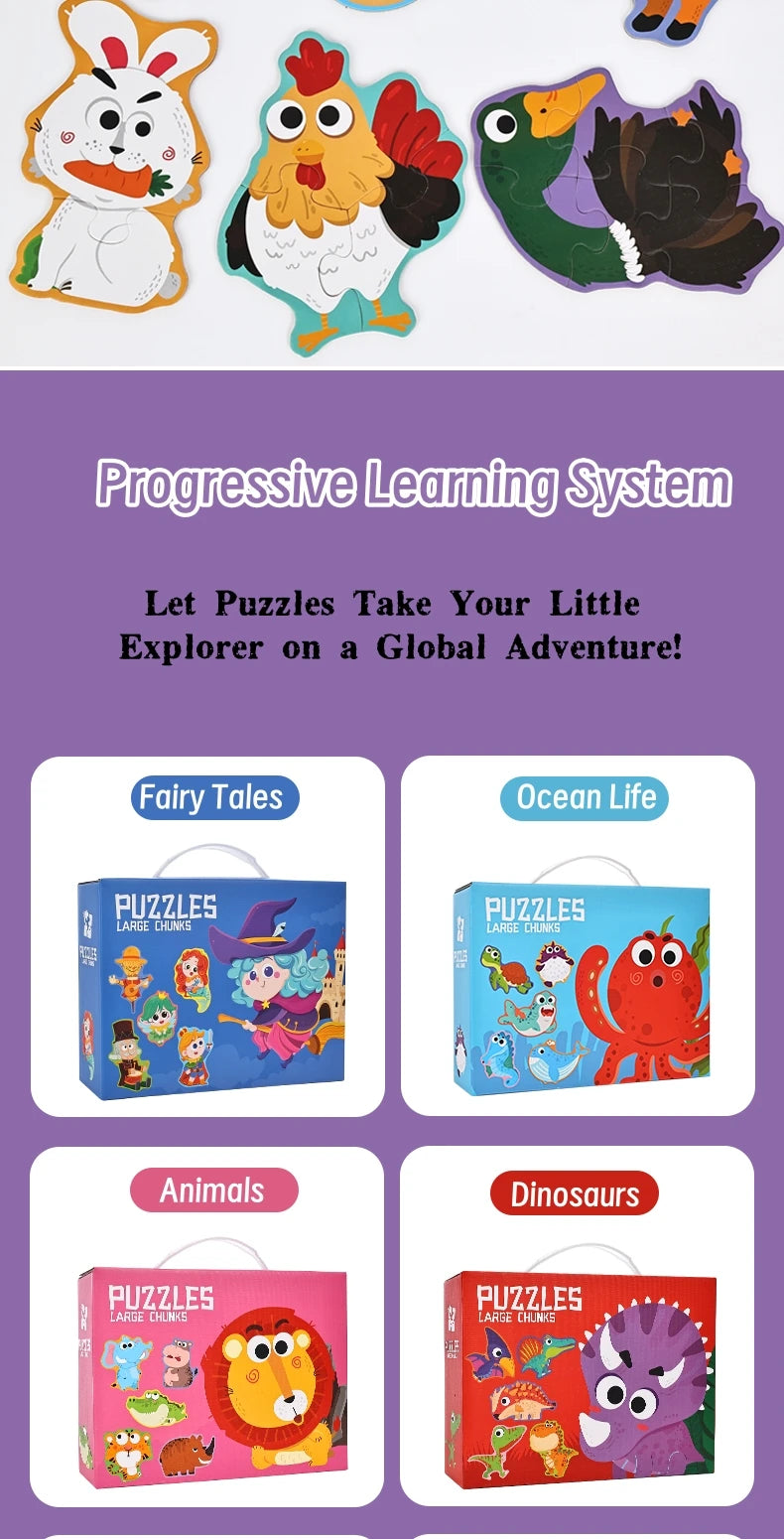 A set of six educational puzzles featuring fairy tales, animals, and ocean life for children.