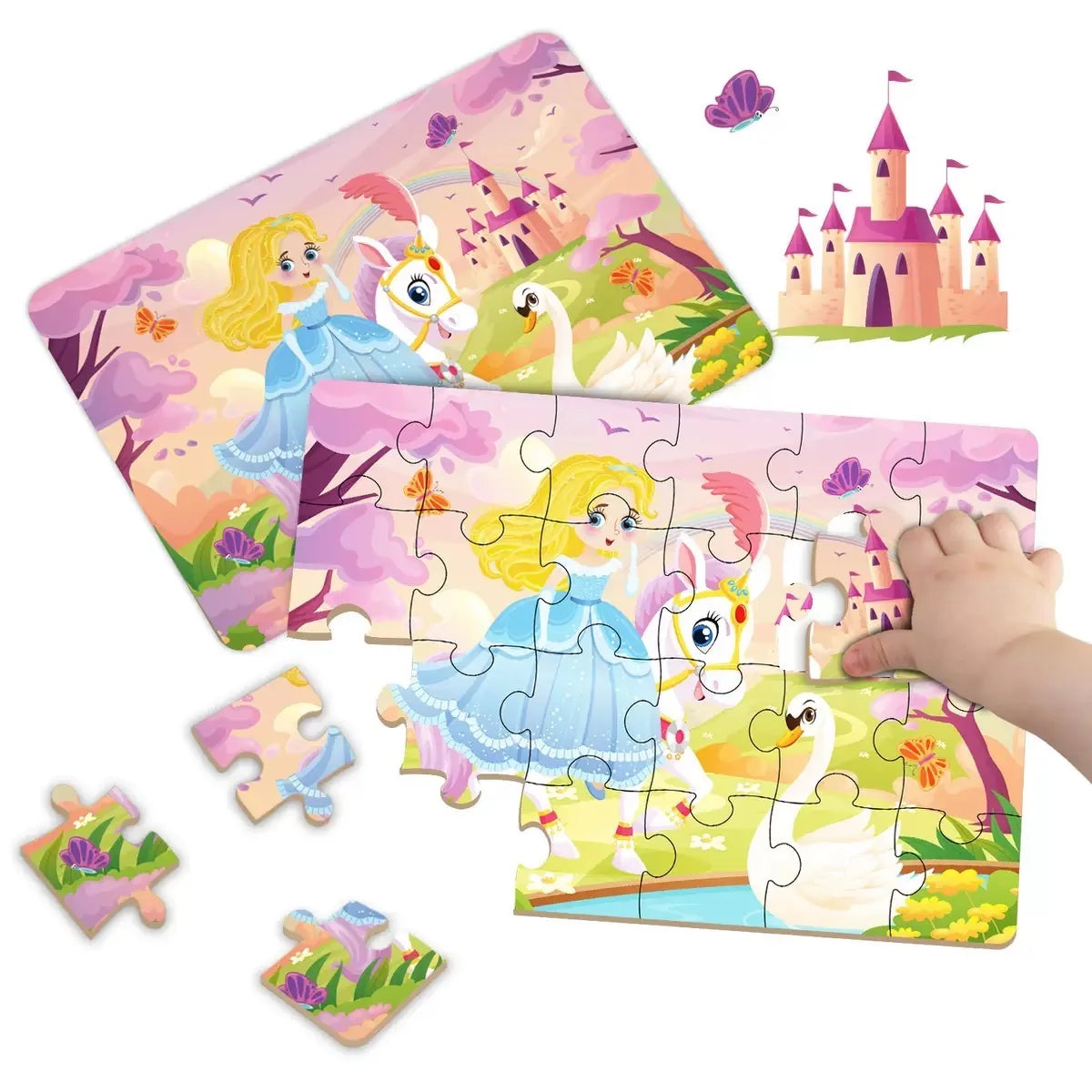 A colorful jigsaw puzzle featuring an animal cartoon theme with a princess and castle elements.