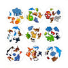 A collection of colorful animal figures arranged in circular panels for a family fun card game.