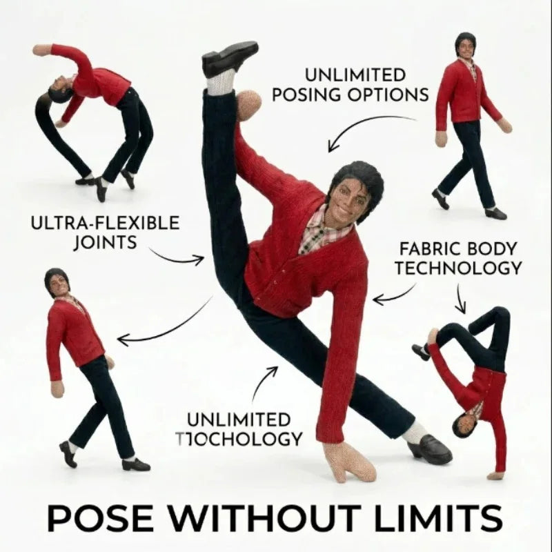 A red plush doll demonstrating ultra-flexible joints and unlimited posing options.
