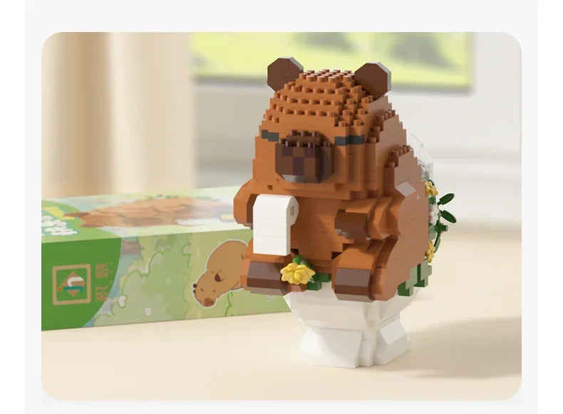 A detailed brown capybara building block model kit standing on a white base.