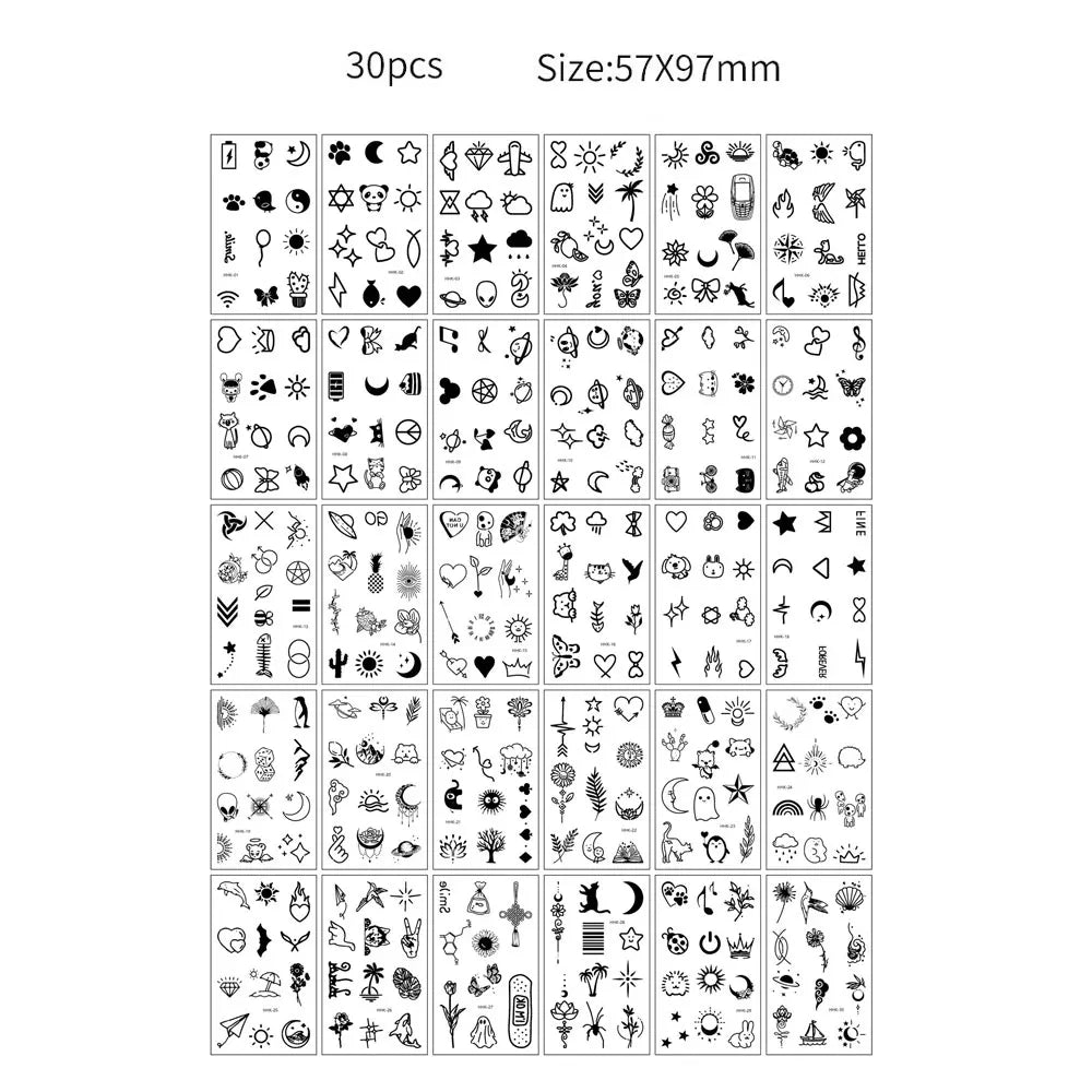A sheet of 30 pieces of black and white temporary tattoos with various designs for kids and adults.