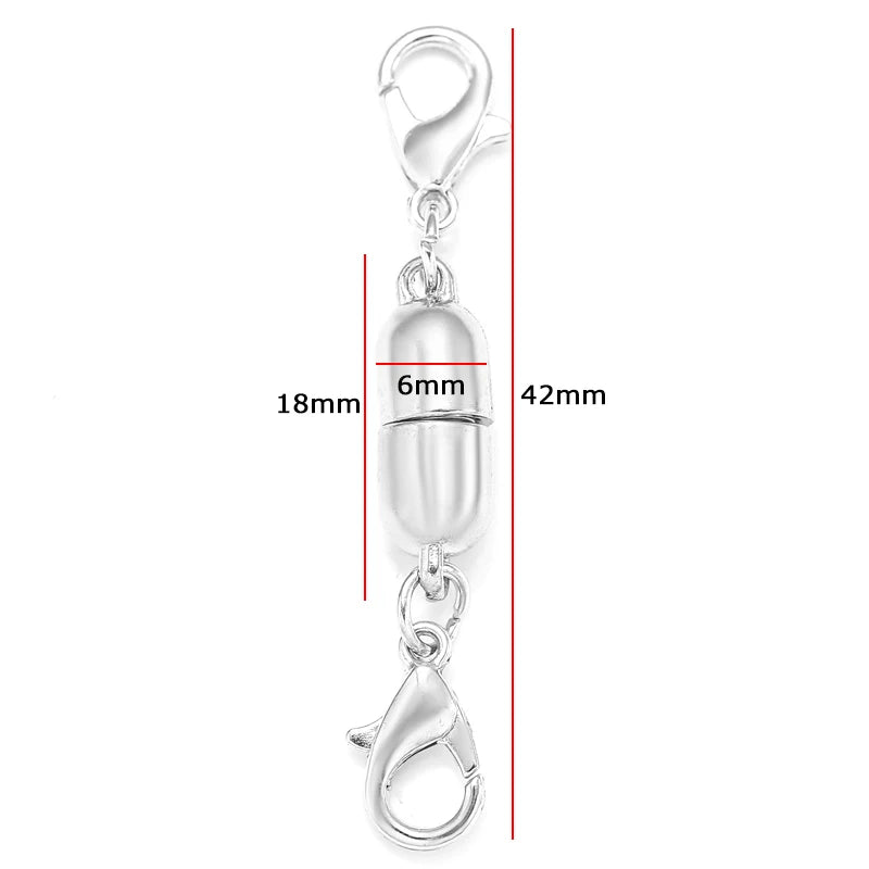 Silver magnetic lobster claw clasps for jewelry making shown with dimension markers