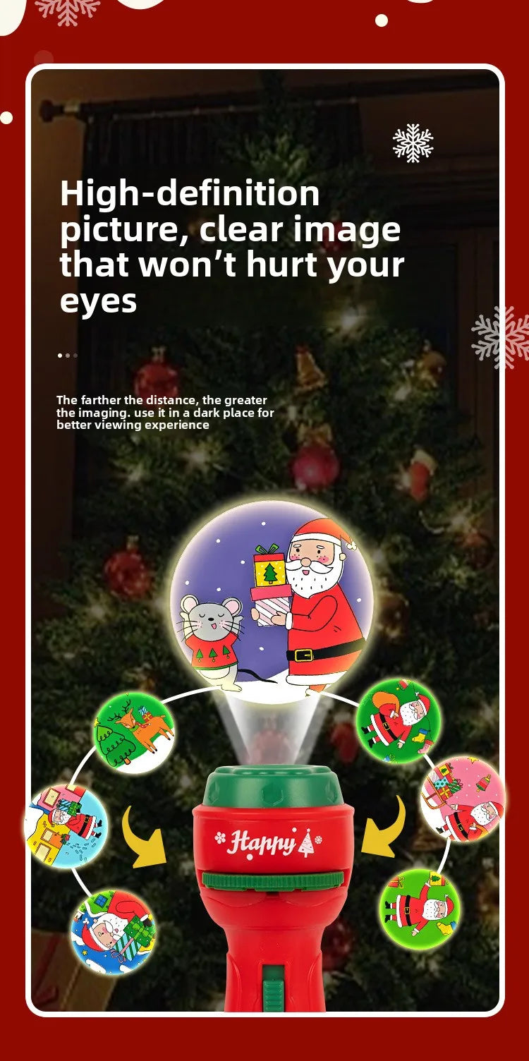 A red Christmas projection flashlight illuminating a festive scene with Santa and reindeer figures.