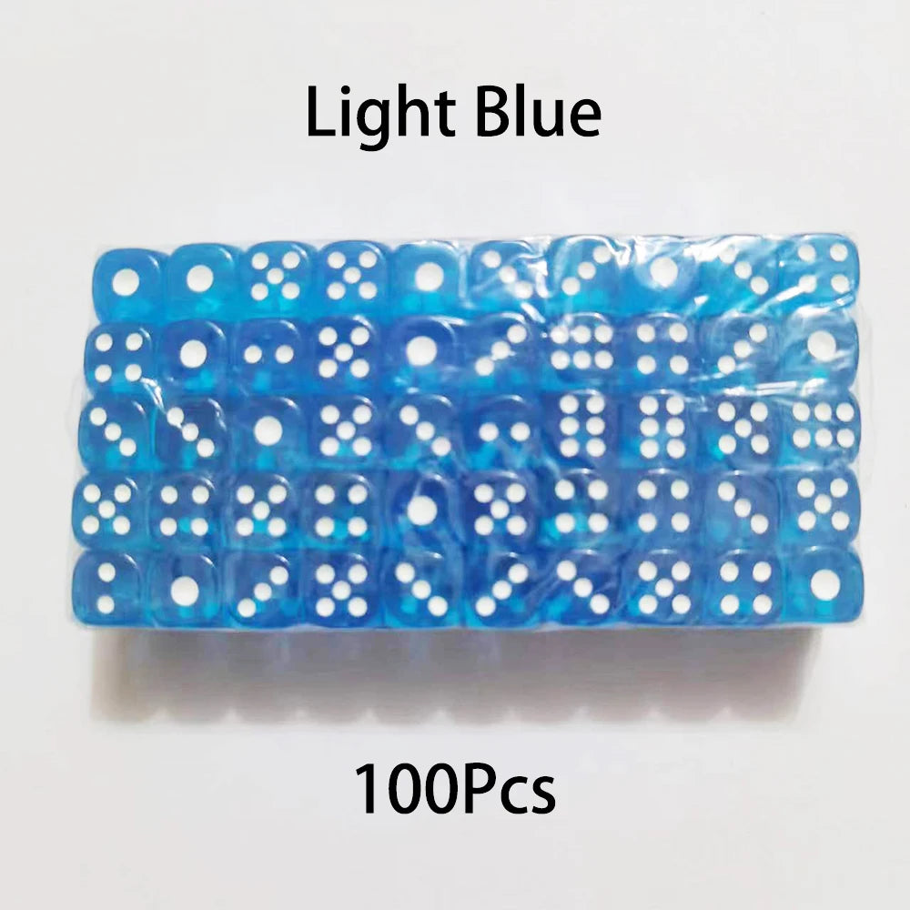 A strip of 100 light blue acrylic six-sided dice with transparent rounded edges.