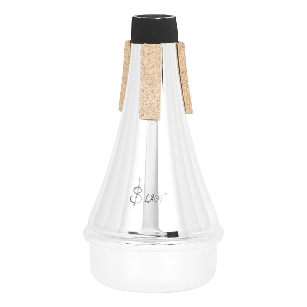 A silver trumpet practice mute with a black cap and cork-like protective pads.