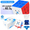 A blue and red GAN356 Maglev cube with UV coating, alongside its packaging and magnetic components.