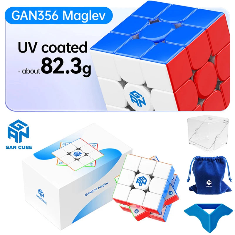 A blue and red GAN356 Maglev cube with UV coating, alongside its packaging and magnetic components.