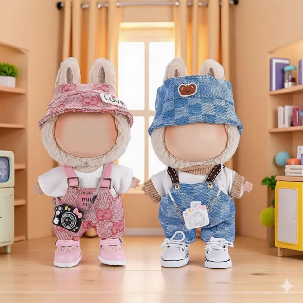 17cm Labubu Doll Clothing Set – Striped Overalls, Vest, and Hat