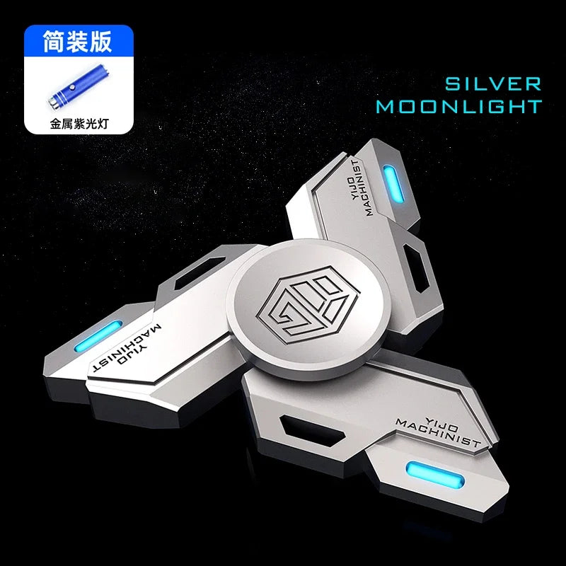 Silver moonlight metal luminous fidget spinner with silent bearing shown in a studio setting