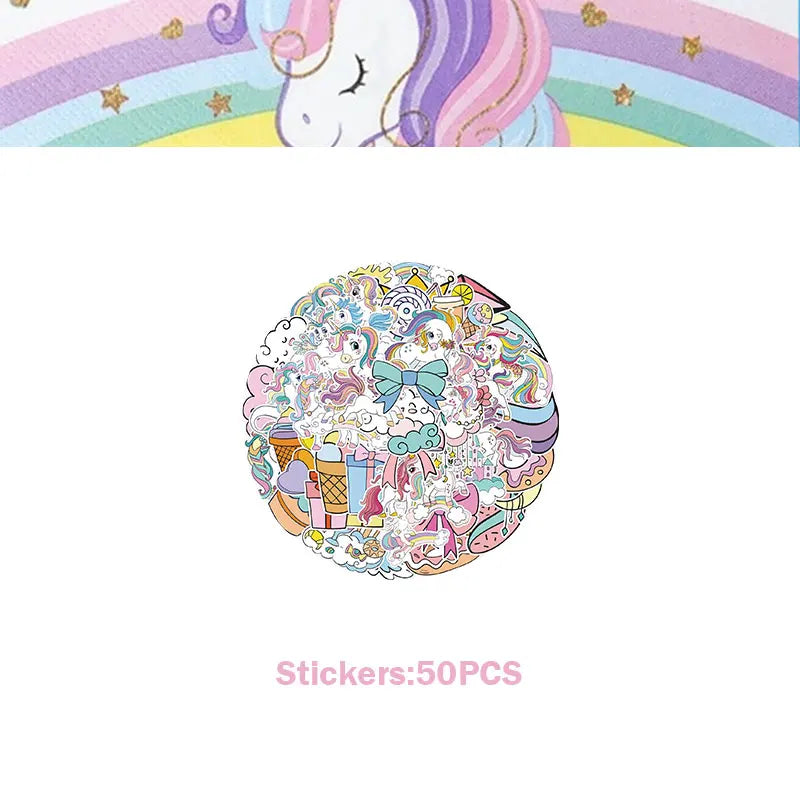 A circular sticker sheet featuring various cute unicorn and magical characters for a party kit.