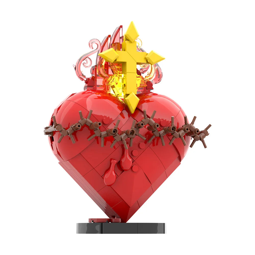 A red heart shaped building block set featuring a golden cross and flames.