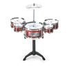 A kids jazz drum set with multiple plastic percussion instruments mounted on a stand.