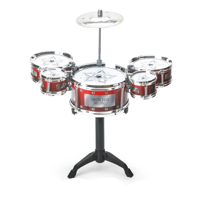 A kids jazz drum set with multiple plastic percussion instruments mounted on a stand.