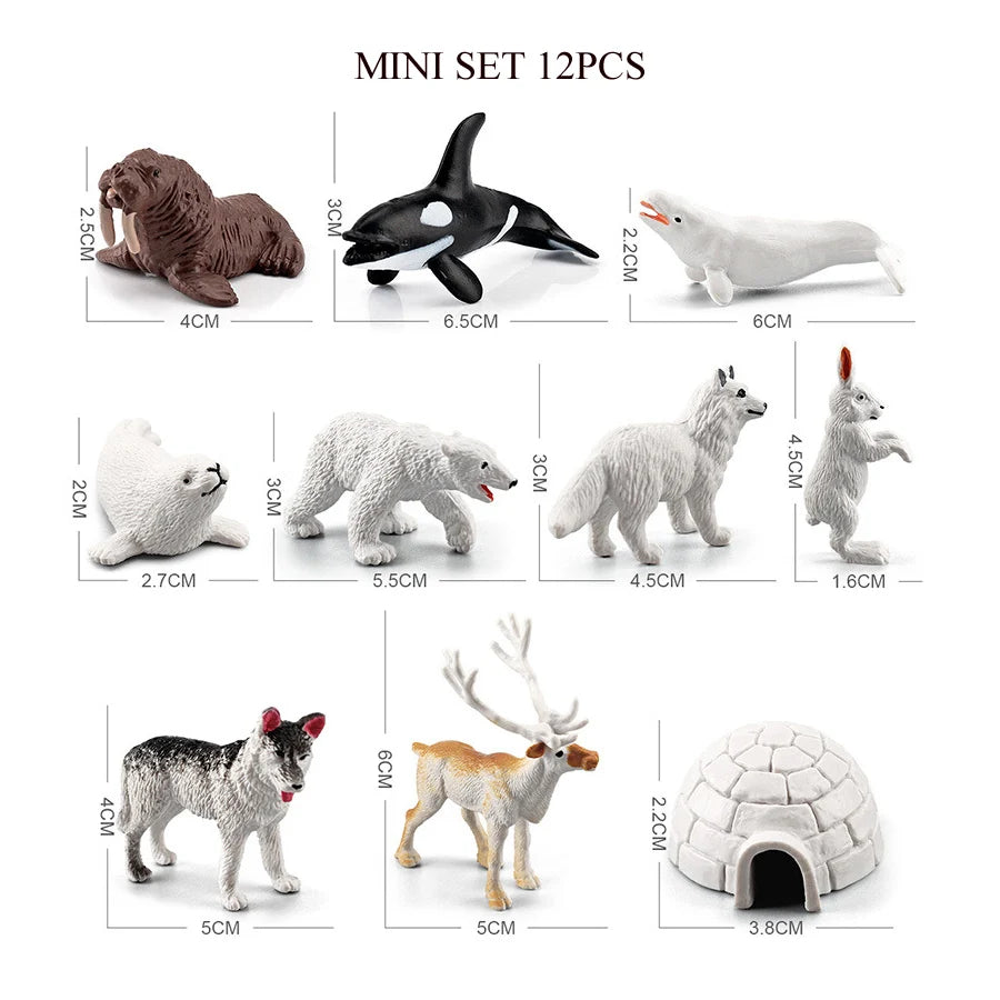 A mini set of 12 plastic figurines including a whale, shark, dolphin, turtle, and penguin.