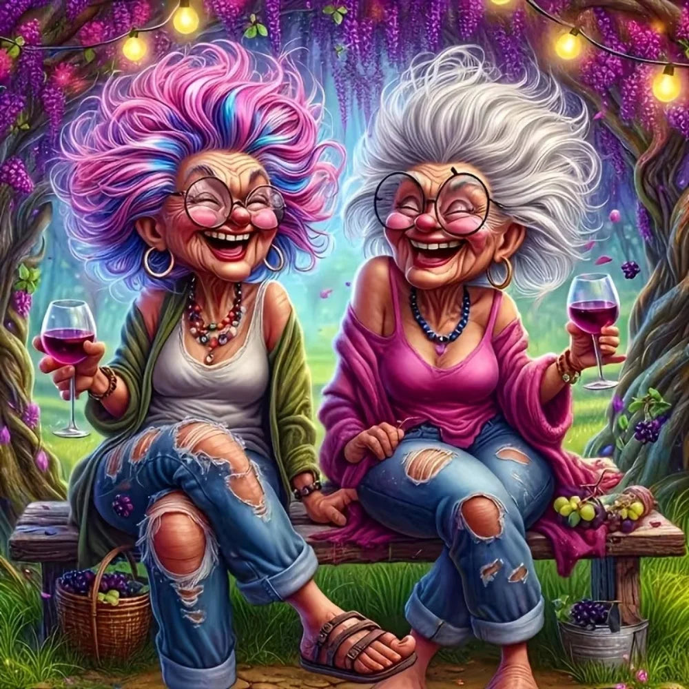 A vibrant painting of two elderly women smiling, rendered in a mosaic art style.