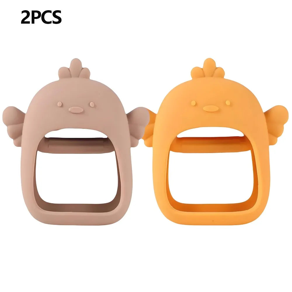 A pair of silicone hand-shaped teethers for babies, one in pink and one in orange.