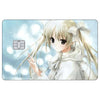 Anime girl with long blonde hair tied in a bow looking forward against a bright, light blue background.