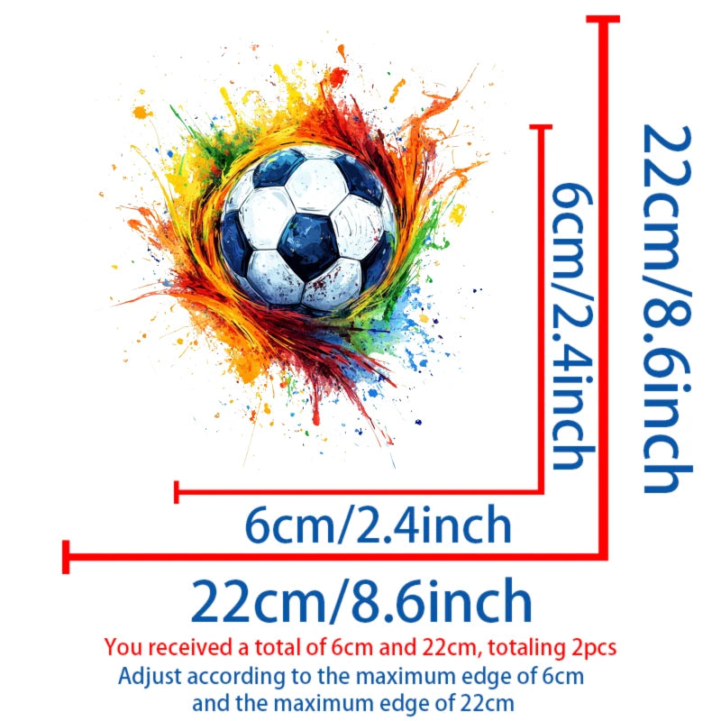 Two soccer ball splash art iron-on patches, measuring 6cm and 22cm each.
