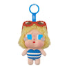 A vinyl figure of a girl with blonde hair wearing a red and orange visor and a blue and white striped outfit.