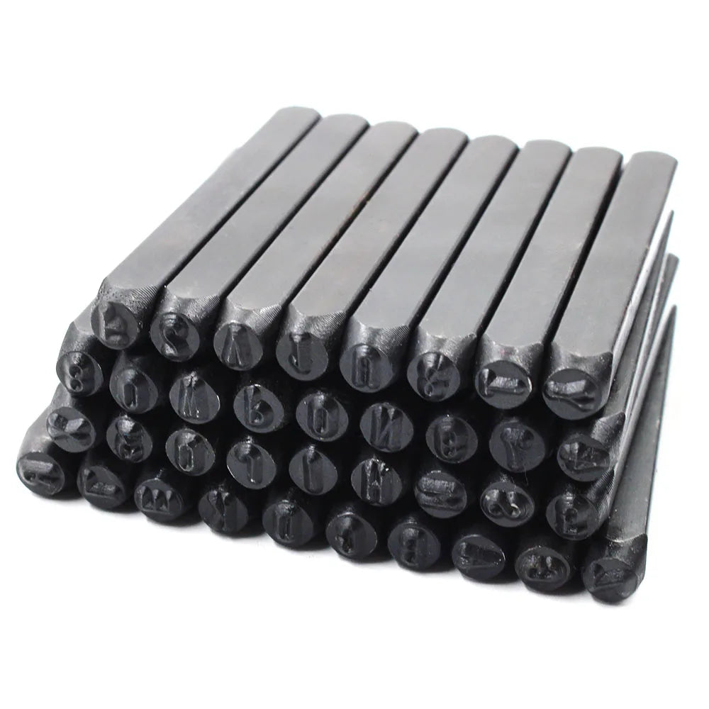 A set of 36 carbon steel stamping pins for marking leather, metal, and wood.