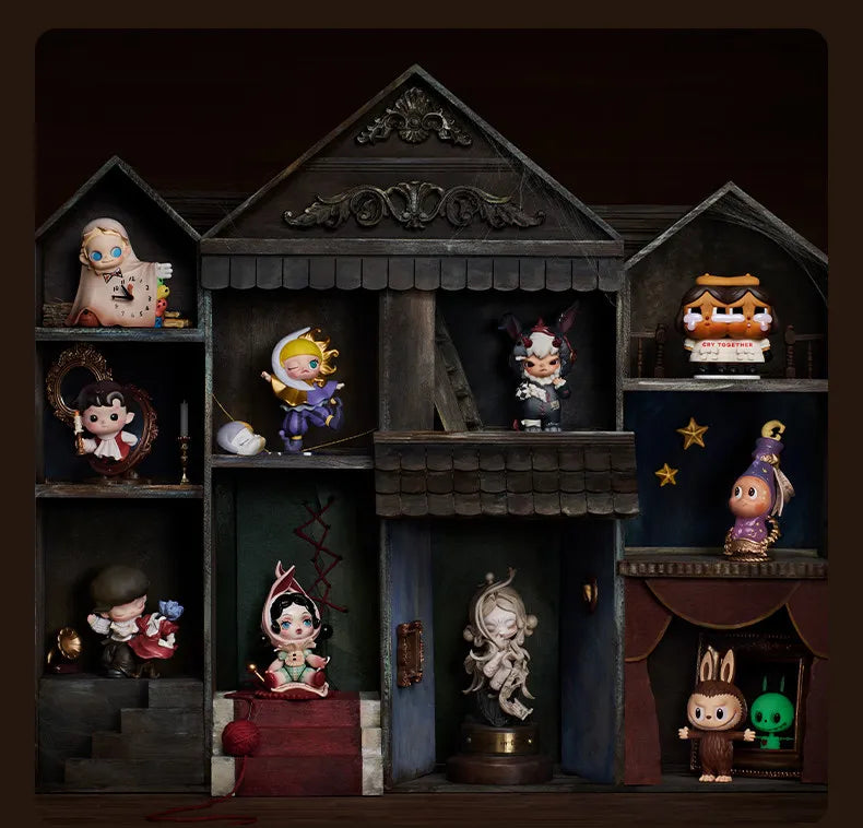 A display featuring various collectible figures and objects in an attic-like setting.