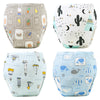 A set of four reusable cotton potty training pants for toddlers featuring various cute animal and nature patterns.