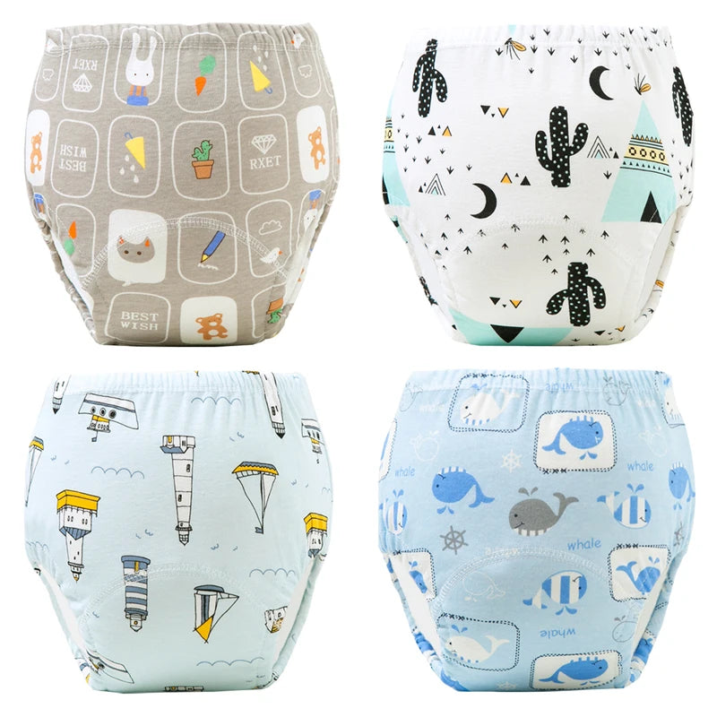 A set of four reusable cotton potty training pants for toddlers featuring various cute animal and nature patterns.