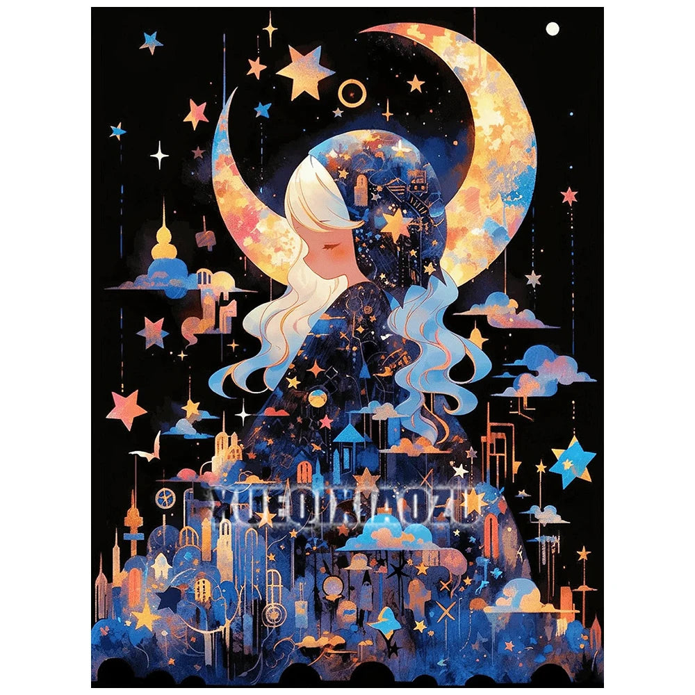 A diamond painting featuring a stylized moon girl with white hair and blue clothing against a dark background.