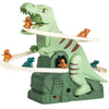 A green electric dinosaur race track toy featuring a dinosaur figure and a curved track.