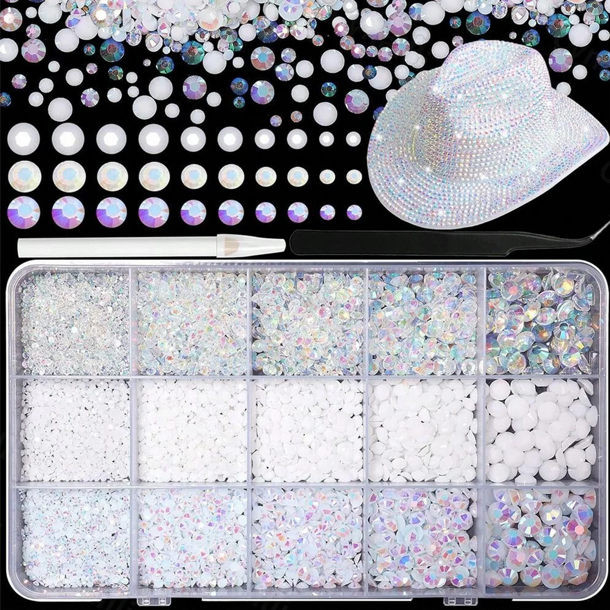 A collection of flatback resin rhinestones and glitter in various colors and sizes displayed in a clear plastic tray.