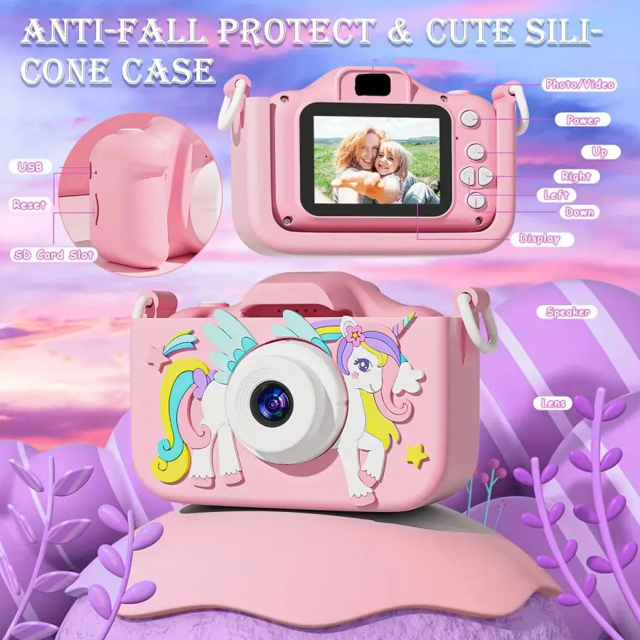 Rosa Silikon-Kegel-Halterung für eine Digitalkamera mit Unicorn-Design und rosa Körper